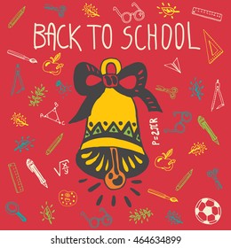 Back to school card with school bell. Vector illustration of school bell on red background