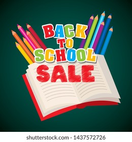 Back to school card book open with colors pencils cartoons - vector editable illustration image
