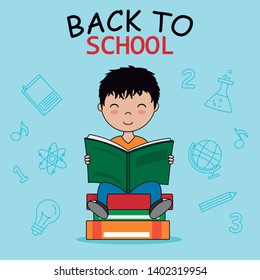 Back to school card. Boy reading sitting on a batch of books