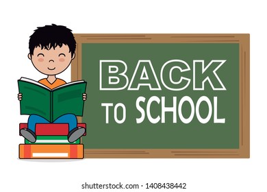 Back to school card. Boy reading a book next to a blackboard