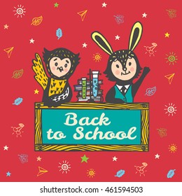 Back to school card with Bunny and Owl students. Vector Illustration of Bunny and Owl students on red background