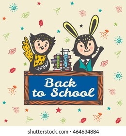 Back to school card with Bunny and Owl students. Vector Illustration of Bunny and Owl students on beige background