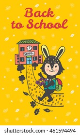 Back to school card with Bunny student. Vector Illustration of Bunny student on yellow background