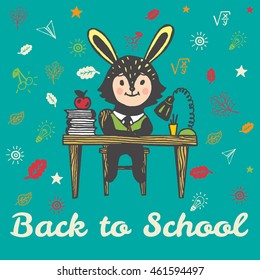 Back to school card with Bunny student.  Vector illustration of Bunny student on blue background
