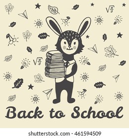 Back to school card with Bunny student. Vector illustration of Bunny student on beige background