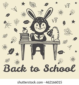 Back to school card with Bunny student. Vector Illustration on beige background