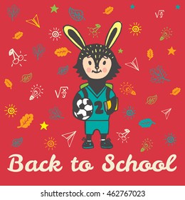 Back to school card with Bunny student.  Vector illustration of Bunny student on red background