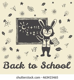 Back to school card with Bunny student.  Vector illustration of Bunny student on beige background