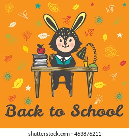 Back to school card with Bunny student.  Vector illustration of Bunny student on orange background