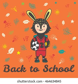 Back to school card with Bunny student.  Vector illustration of Bunny student on orange background