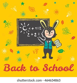 Back to school card with Bunny student.  Vector illustration of Bunny student on yellow background
