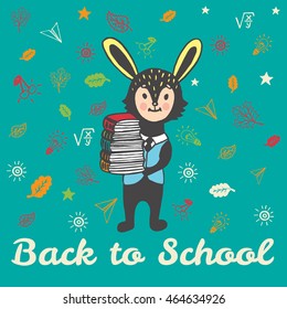 Back to school card with Bunny student. Vector illustration of Bunny student on blue background