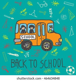 Back to school card with school bus and other school facilities. Vector illustration of school bus on blue background