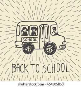 Back to school card with school bus. Vector illustration of school bus on beige background