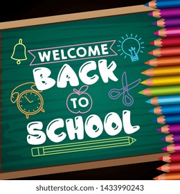 Back to school card with cartoons on blackboard and colors pencils - vector editable illustration image