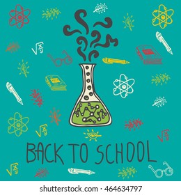 Back to school card with chemical flask. Vector Illustration of chemical flask on blue background