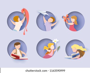 Back to school card. Children in round hole, boy, girl, books. Vector illustration. Paper cut and craft style.