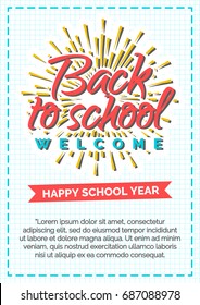 Back to school card with color label consisting of sunburst and sign happy school year on red ribbon on checkered background and blue frame. Vector illustration.