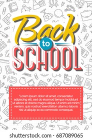 Back to school card with color label on school supplies black color line style background and place for your text. Vector illustration.
