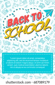 Back to school card with color label consisting of icon paper plane on school supplies blue line style background. Vector illustration.