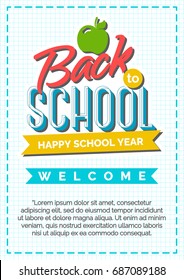 Back to school card with color label consisting of apple and sign happy school year on checkered background and blue frame. Vector illustration.