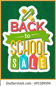 Back to school card with color label and sign sale on green chalkboard consisting of school supplies white line style. Vector illustration.
