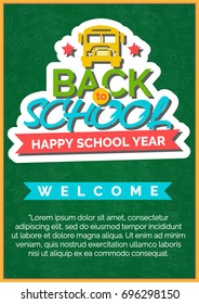 Back to school card with color label and bus on green chalkboard consisting of school supplies white line style. School shopping. Vector illustration.