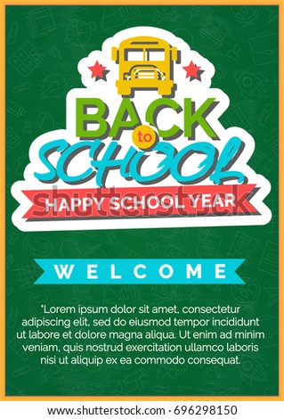 Back to school card with color label and bus on green chalkboard consisting of school supplies white line style. School shopping. Vector illustration.