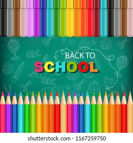 Back to school card with colorful pencils and markers Vector realistic. Chalk board backgrounds