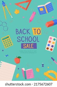 Back to school card with colorful school supplies. Colorful back to school templates for invitation, poster, banner, promotion, sale. School supplies cartoon illustration.