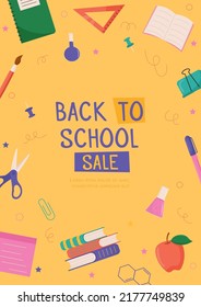 Back to school card with colorful school supplies. Colorful back to school templates for invitation, poster, banner, promotion, sale. School supplies cartoon illustration.