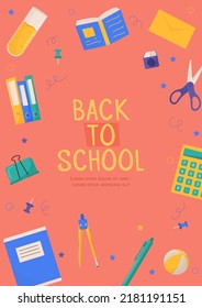 Back to school card with colorful school supplies. Colorful back to school templates for invitation, poster, banner, promotion, sale. School supplies cartoon illustration.