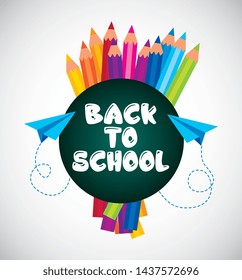 Back to school card with colors pencils and paper planes cartoons - vector editable illustration image