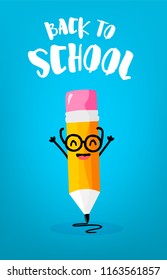 Back to school card with cute cartoon pencil in glasses. Vector.