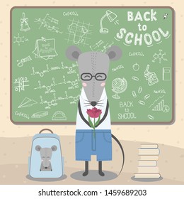 Back to school card with cute rat, symbol of 2020 new year. Wonderland animal. Vector illustration. 