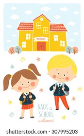 Back to school card design. Children going to school in school uniforms and with schoolbags. Preschool girl and boy in schoolyard. School building exterior. Cartoon vector illustration in flat style.