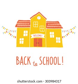Back to school card design. Funny cartoon hand drawn school building over landscape background. Cartoon vector clip art eps 10 illustration on white background. Hand lettering.