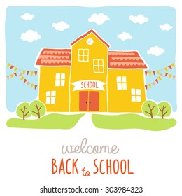 Back To School Card Design. Funny Cartoon Hand Drawn School Building Over Landscape Background. Cartoon Vector Clip Art Eps 10 Illustration On White Background. Hand Lettering.