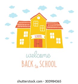 Back To School Card Design. Funny Cartoon Hand Drawn School Building Over Landscape Background. Cartoon Vector Clip Art Eps 10 Illustration On White Background. Hand Lettering.