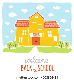 Back to school card design. Funny cartoon hand drawn school building over landscape background. Cartoon vector clip art eps 10 illustration on white background. Hand lettering.