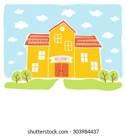 Back to school card design. Funny cartoon hand drawn school building over landscape background. Cartoon vector clip art eps 10 illustration on white background. Hand lettering.
