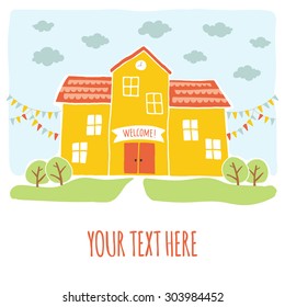 Back to school card design. Funny cartoon hand drawn school building over landscape background. Cartoon vector clip art eps 10 illustration on white background. Hand lettering.