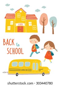 Back to school card design. Kids going to school. Cute boy and girl with school building and school bus. Cartoon vector clip art eps 10 illustration on white background.  Hand lettering.