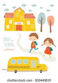 Back to school card design. Kids going to school. Cute boy and girl with school building and school bus. Cartoon vector clip art eps 10 illustration on white background. Hand lettering.