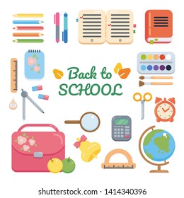 Back to school card. Education supplies: ring, book, notepad, schoolbag, pencil, globe, calculator, alarm, pen