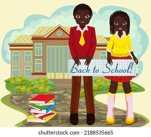 Back to school card, friend and girlfriend, boy and girl in school uniform. vector illustration	