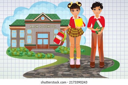 Back to school card, friends classmates boy and girl in school uniform. vector illustration
