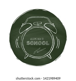 Back to school card. Funny  pattern with school supplies and creative elements. Welcome back to school phrase. Green chalkboard background.