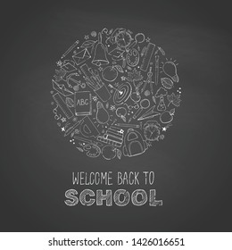 Back to school card. Funny  pattern with school supplies and creative elements. Welcome back to school phrase. Gray chalkboard background.