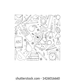 Back to school card. Funny  pattern with school supplies and creative elements. 